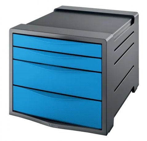 Esselte Europost Vivida Buc de 4 Cajones - 2 Medidas de Cajon - Deslizamiento Suave - Base con Goma Antideslizante - Color Gris/Azul
