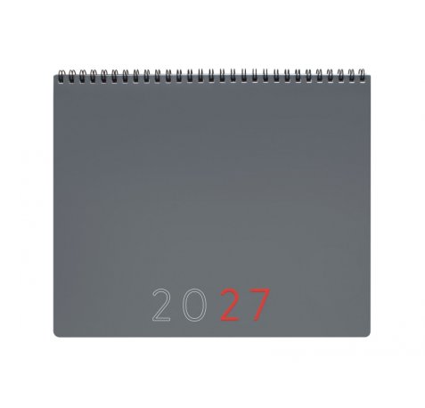 Finocam Planificador de Sobremesa Internacional - Anual 2027 - Mes Vista - 250x200mm - Espiral Doble - Tapa de Polipropileno - Esquinas Microperforadas - Papel de 190g/m2 - Color Gris