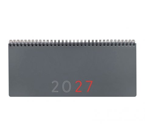 Finocam Planificador de Sobremesa Internacional - Anual 2027 - Semana Vista Vertical - 290x116mm - Espiral Doble - Tapa de Polipropileno - Esquinas Microperforadas - Papel de 80g/m2 - Color Gris