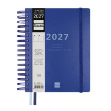 Finocam Tempus Agenda - Anual 2027 - 1 Dia por Pagina - 155x217mm - Espiral Doble - Tapa Extradura de Polipropileno - 2 Cintas Marcapaginas - Papel Crema de 80g/m2 - Color Azul