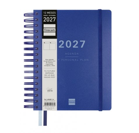 Finocam Tempus Agenda - Anual 2027 - 1 Dia por Pagina - 155x217mm - Espiral Doble - Tapa Extradura de Polipropileno - 2 Cintas Marcapaginas - Papel Crema de 80g/m2 - Color Azul