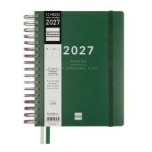 Finocam Tempus Agenda - Anual 2027 - 1 Dia por Pagina - 155x217mm - Espiral Doble - Tapa Extradura de Polipropileno - 2 Cintas Marcapaginas - Papel Crema de 80g/m2 - Color Verde