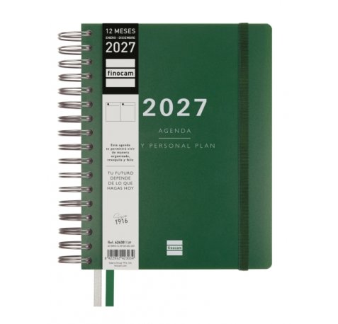 Finocam Tempus Agenda - Anual 2027 - 1 Dia por Pagina - 155x217mm - Espiral Doble - Tapa Extradura de Polipropileno - 2 Cintas Marcapaginas - Papel Crema de 80g/m2 - Color Verde