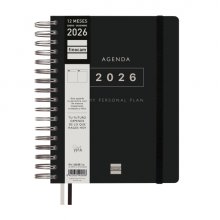 Finocam Tempus Agenda de Espiral - Anual 2026 - Tapa Extradura - Cierre de Goma - Formato 1/4 - 157x217mm - 1 Dia por Pagina - Color Negro