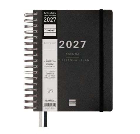 Finocam Tempus Agenda - Anual 2027 - 1 Dia por Pagina - 155x217mm - Espiral Doble - Tapa Extradura de Polipropileno - 2 Cintas Marcapaginas - Papel Crema de 80g/m2 - Color Negro