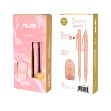 Milan Lava Pack de Boligrafo + Portaminas 0.5mm + Afilaborra - Caja de Regalo - Color Rosa