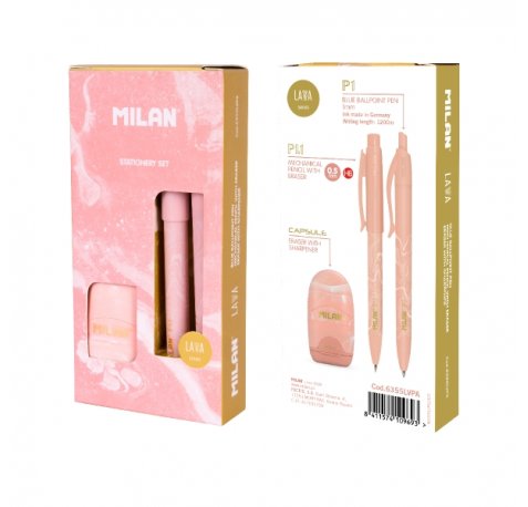 Milan Lava Pack de Boligrafo + Portaminas 0.5mm + Afilaborra - Caja de Regalo - Color Rosa