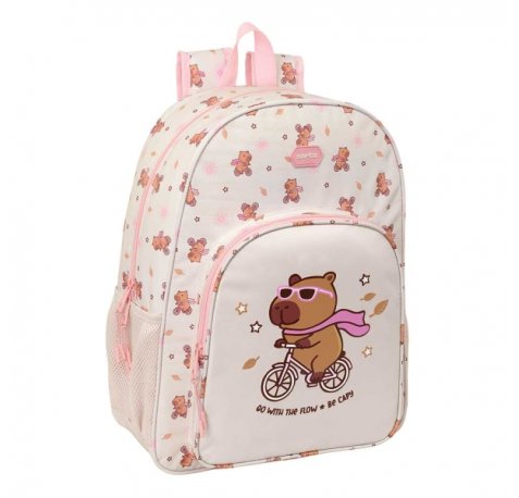 Safta Capibara Mochila - Adaptable a Carro - Bolsillo Frontal - Portabotellas - Cremallera con Doble Tirador - Asa de Mano - Hombreras y Espalda Acolchada - 33x42x14cm - Color Rosa Pastel