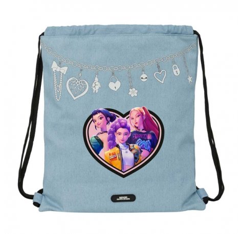 Safta K-Pop Demon Hunters Huntr/X Saco Plano - Cierre con Cordones - Bolsillo Interior con Cremallera - 35x40x1cm - Color Azul Claro