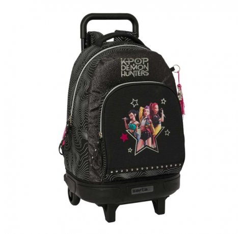 Safta K-Pop Demon Hunters Energy Mochila con Carro - Extraible - 33L - Portabotellas - Tarjeta de Identificacion Personal - Doble Tirador - Asa - Bolsillo Frontal - 33x45x22cm - Color Negro y Rosa