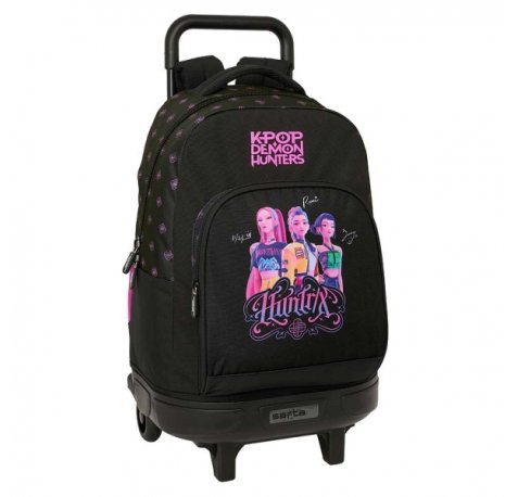Safta K-Pop Demon Hunters Mochila con Carro - Extraible - 33L - Portabotellas - Tarjeta de Identificacion Personal - Doble Tirador - Asa de Mano - Bolsillo Frontal - 33x45x22cm - Color Negro y Rosa