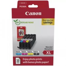 Canon CLI551XL Pack de 4 Cartuchos de Tinta Originales Negro, Magenta, amarillo cyan | Cartuchos de tinta originales negro, magenta, amarillo y cyan + hojas de papel fotografico -