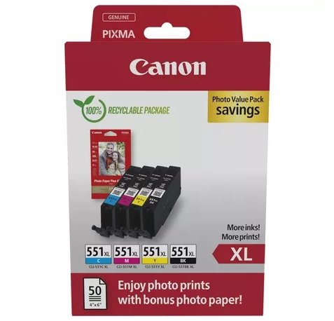 Canon CLI551XL Pack de 4 Cartuchos de Tinta Originales Negro, Magenta, amarillo cyan | Cartuchos de tinta originales negro, magenta, amarillo y cyan + hojas de papel fotografico -