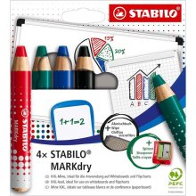 Stabilo MARKdry Pack de 4 Marcadores para Pizarra + Sacapuntas + Paño de Limpieza - Mina XXL de 10mm - Madera 100% Certificada PRFC - Colores Azul, Verde, Rojo y Negro