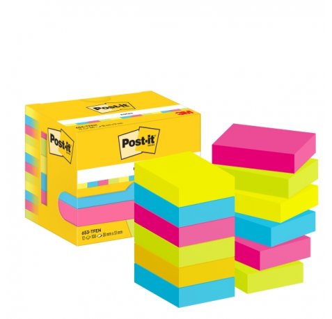 Post-It Pack de 12 Blocs de 100 Notas Adhesivas Reposicionables - Forma Rectangular - 38x51mm - Colores Surtidos