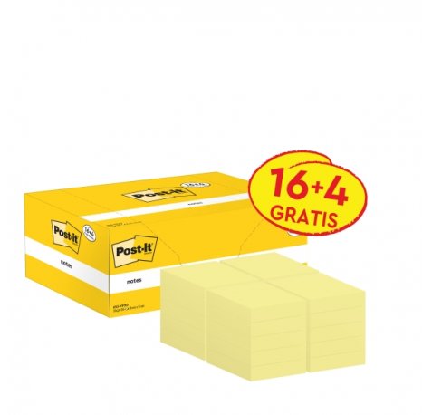 Post-It Pack de 20 Blocs de 100 Notas Adhesivas Reposicionables - Forma Rectangular - 38x51mm - Color Amarillo Claro