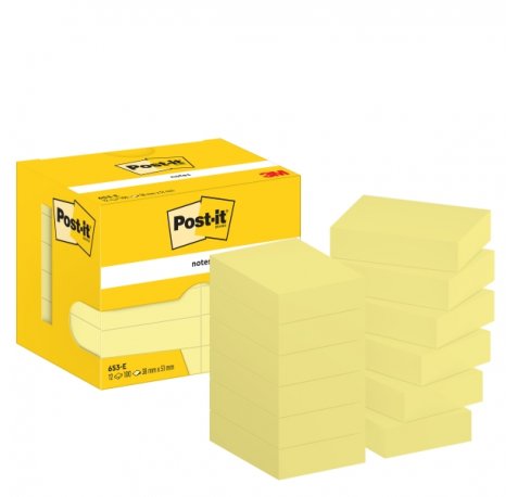 Post-It Pack de 12 Blocs de 100 Notas Adhesivas Reposicionables - Forma Rectangular - 38x51mm - Color Amarillo Claro