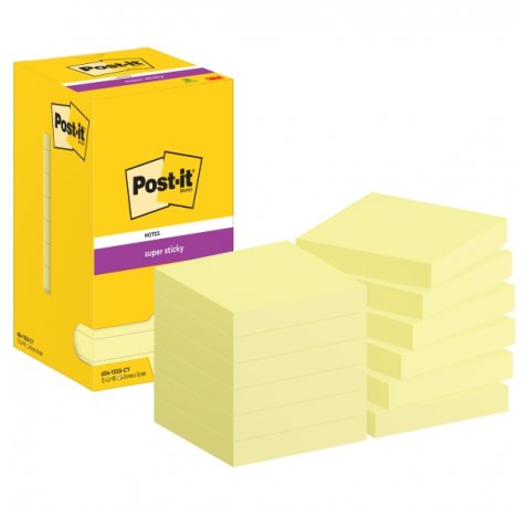 Post-It Super Sticky Pack de 12 Blocs de 90 Notas Adhesivas Reposicionables - 76x76mm - Paquete de Carton - Color Amarillo Claro