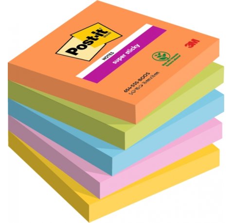 Post-It Super Sticky Pack de 5 Blocs de 90 Notas Adhesivas Reposicionables - Forma Cuadrada - 76x76mm - Colores Surtidos