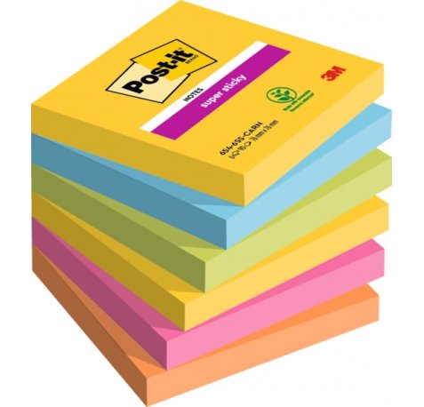 Post-It Super Sticky Pack de 6 Blocs de 90 Notas Adhesivas Reposicionables - Forma Cuadrada - 76x76mm - Colores Surtidos