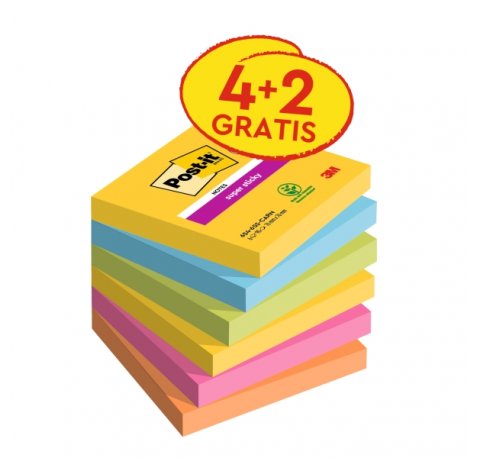 Post-It Super Sticky Pack de 6 Blocs de 90 Notas Adhesivas Reposicionables - Forma Cuadrada - 76x76mm - Colores Surtidos