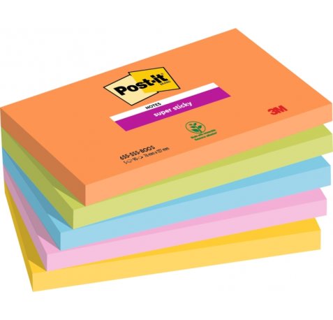 Post-It Super Sticky Pack de 5 Blocs de 90 Notas Adhesivas Reposicionables - Forma Rectangular - 127x76mm - Colores Surtidos
