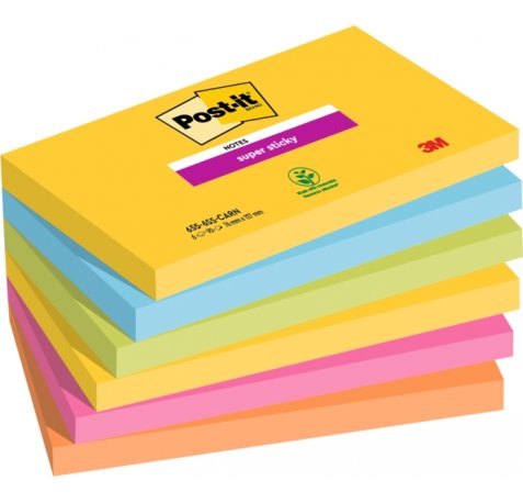 Post-It Super Sticky Pack de 6 Blocs de 90 Notas Adhesivas Reposicionables - Forma Rectangular - Colores Surtidos