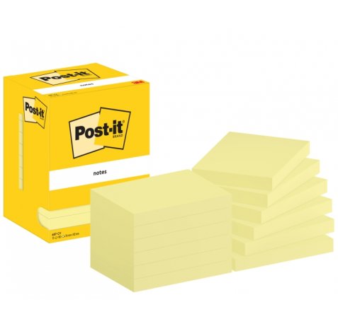 Post-It Pack de 12 Blocs de 100 Notas Adhesivas Reposicionables - Forma Rectangular - 76x102mm - Color Amarillo Claro