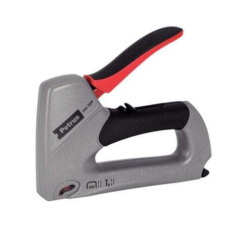 Petrus 295 Top Clavadora/Grapadora Metalica - Para Grapas 530/6 a 14mm y Pins Tipo 8 de 15mm - Ajuste de Potencia - Color Gris/Negro