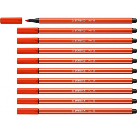 Stabilo Pen 68 Rotulador de Punta de Fibra - Trazo de 1mm aprox. - Tinta con Base de Agua - Color Rojo (10 uds)