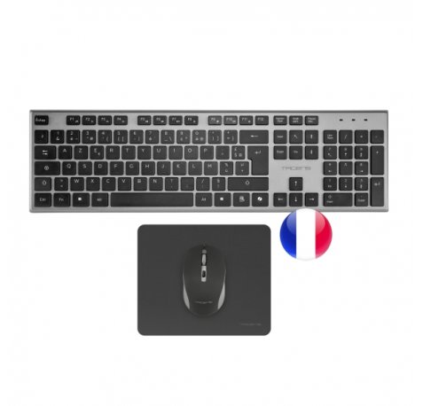 Tacens Zenith Combo Pack Inalabrico de Teclado Completo + Raton y Alfombrilla - Disposicion Francesa AZERTY FR - Teclas Silenciosas de Perfil Bajo - Sensor de 3200dpi - Conexion Dual Link 2.4GHz - Switches HUANO - Color Negro
