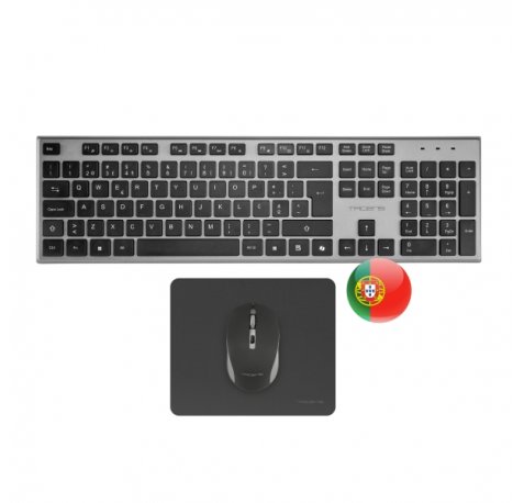 Tacens Zenith Combo Pack Inalabrico de Teclado Completo + Raton y Alfombrilla - Disposicion Portuguesa QWERTY PT - Teclas Silenciosas de Perfil Bajo - Sensor de 3200dpi - Conexion Dual Link 2.4GHz - Switches HUANO - Color Negro