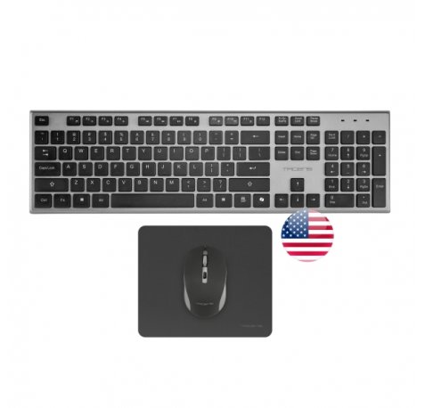 Tacens Zenith Combo Pack Inalabrico de Teclado Completo + Raton y Alfombrilla - Disposicion Internacional QWERTY US - Teclas Silenciosas de Perfil Bajo - Sensor de 3200dpi - Conexion Dual Link 2.4GHz - Switches HUANO - Color Negro