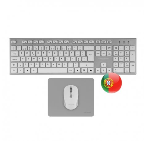 Tacens Zenith Combo Pack Inalabrico de Teclado Completo + Raton y Alfombrilla - Disposicion Portuguesa QWERTY PT - Teclas Silenciosas de Perfil Bajo - Sensor de 3200dpi - Conexion Dual Link 2.4GHz - Switches HUANO - Color Blanco