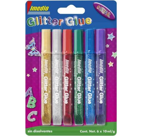 Imedio Glitter Glue "Original" Pack de 6 Tubos de Pegamento con Brillantina 10ml - Para Distintos Materiales - Tubo Extrablando - Boquilla de Precision - Sin Disolventes - Colores Surtidos (10 uds)