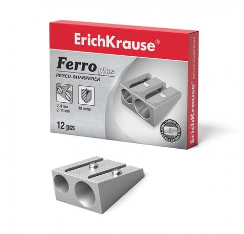 Erichkrause Ferro Plus - Sacapuntas Doble de Aluminio - Agarre Ergonomico - Dos Agujeros de 8mm y 11mm - Cuchilla de Acero al Carbono en Forma de Espiral - Color Plata (12 uds)
