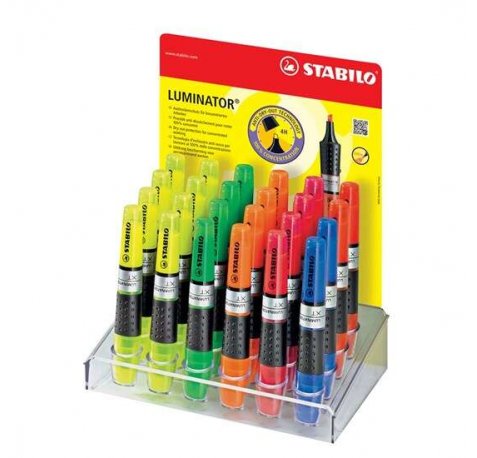 Stabilo Iluminator Expositor de 24 Marcadores Fluorescentes - Mayor Suministro de Tinta - Zona de Agarre - Trazo entre 2 y 5mm - Colores Verde, Amarillo, Rosa, Azul, Rojo y Naranja