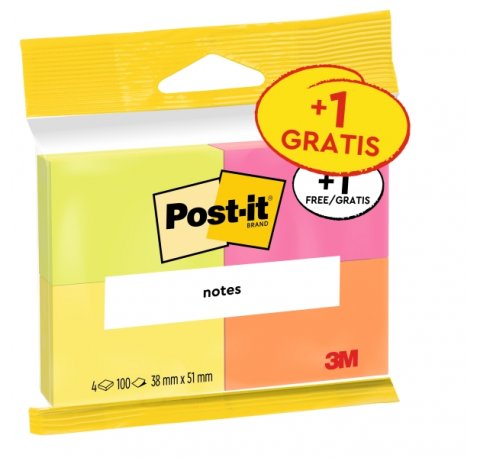 Post-It Pack de 4 Blocs de 100 Notas Adhesivas Reposicionables - Colores Neon - 38x51mm - Promocion 3 Blocs + 1 Gratis - Colores Surtidos