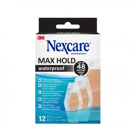 Nexcare Max Hold Waterproof Pack de 12 Apositos Surtidos - Impermeable - Fijacion 48H - Transpirable - Color Transparente