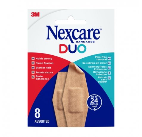 Nexcare Duo Pack de 8 Apositos Surtidos - Retirada Sin Dolor - Resistente al Agua - Transpirable - Color Piel
