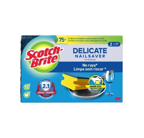 Scotch-Brite Delicate Pack de 2 Estropajos de Cocina - Proteccion para los Dedos - No Raya - Color Amarillo