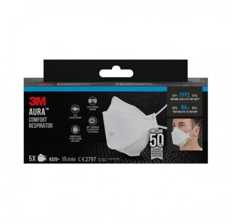 3M Aura Pack de 5 Mascarillas para Particulas FFP2 - Desechable - Sin Valvula - para Niveles Medios de Particulas - Color Blanco