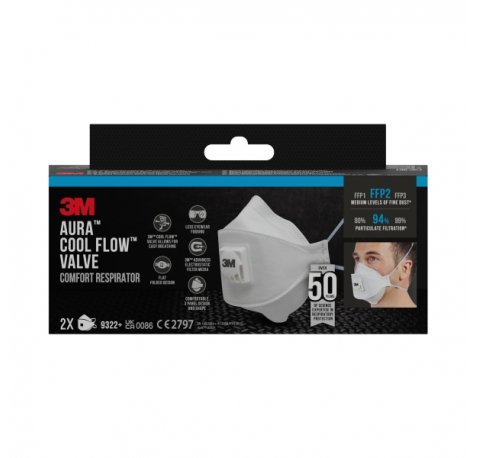 3M Aura Comfort Cool Flow Pack de 2 Mascarillas para Particulas FFP2 - Desechable - con Valvula - para Niveles Medios de Particulas - Color Blanco