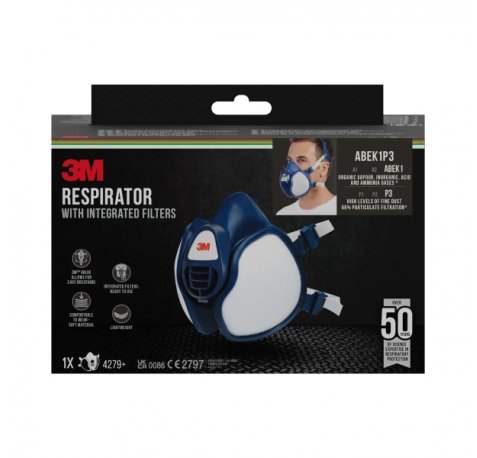 3M Mascarilla de Media Cara - Filtros Integrados - Proteccion Combinada - Reutilizable - Color Azul/Blanco
