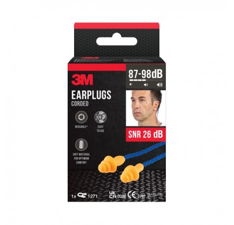 3M Tapones para Oidos con Cordon - Forma de Tres Anillos - Reutilizables - Lavables - SNR 26dB - Color Naranja