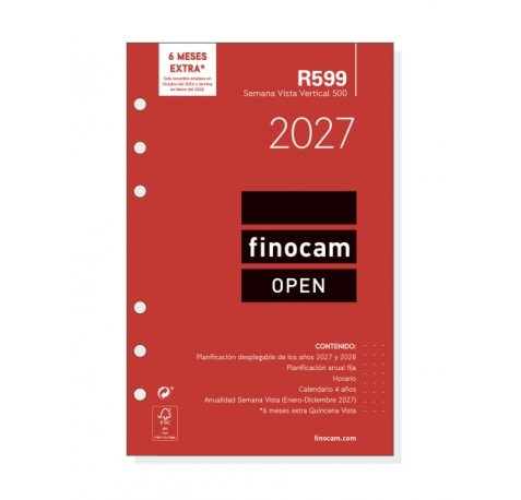 Finocam R599 Recambio para Agenda Open - Anual 2027 - Semana Vista Vertical - Formato 500 - 117x181mm - 6 Taladros - Papel de 80g/m2 - Color Blanco