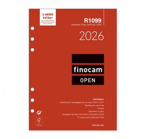 Finocam R1099 Recambio Anual 2026 para Agendas Open 2026 - Formato 1000 - 155x7x215mm - Semana Vista en Vertical - Color Blanco