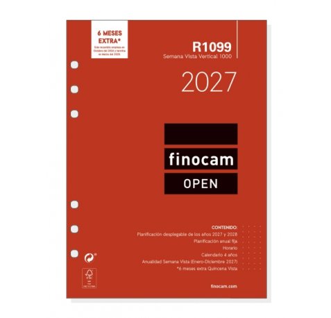 Finocam R1099 Recambio para Agenda Open - Anual 2027 - Semana Vista Vertical - Formato 1000 - 155x215mm - 6 Taladros - Papel de 80g/m2 - Color Blanco