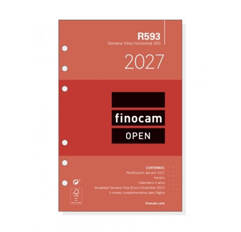 Finocam R593 Recambio para Agenda Open - Anual 2027 - Semana Vista Horizontal - Formato 500 - 117x181mm - 6 Taladros - Papel de 80g/m2 - Color Blanco