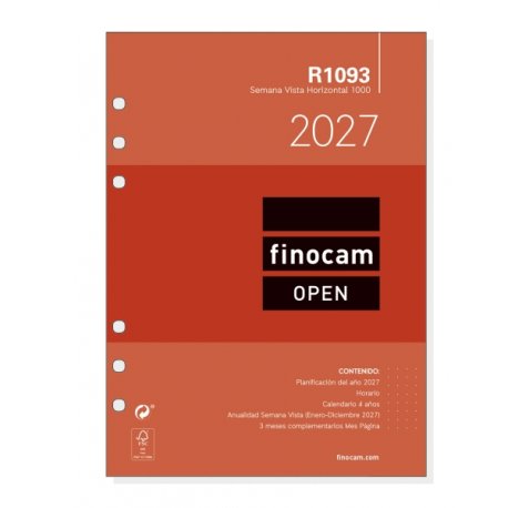 Finocam R1093 Recambio para Agenda Open - Anual 2027 - Semana Vista Horizontal - Formato 1000 - 155x215mm - 6 Taladros - Papel de 80g/m2 - Color Blanco